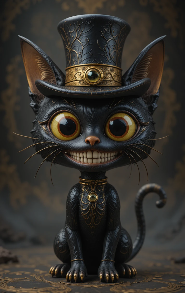 Gatinho 3D preto e dourado com cartola e sorriso gigante