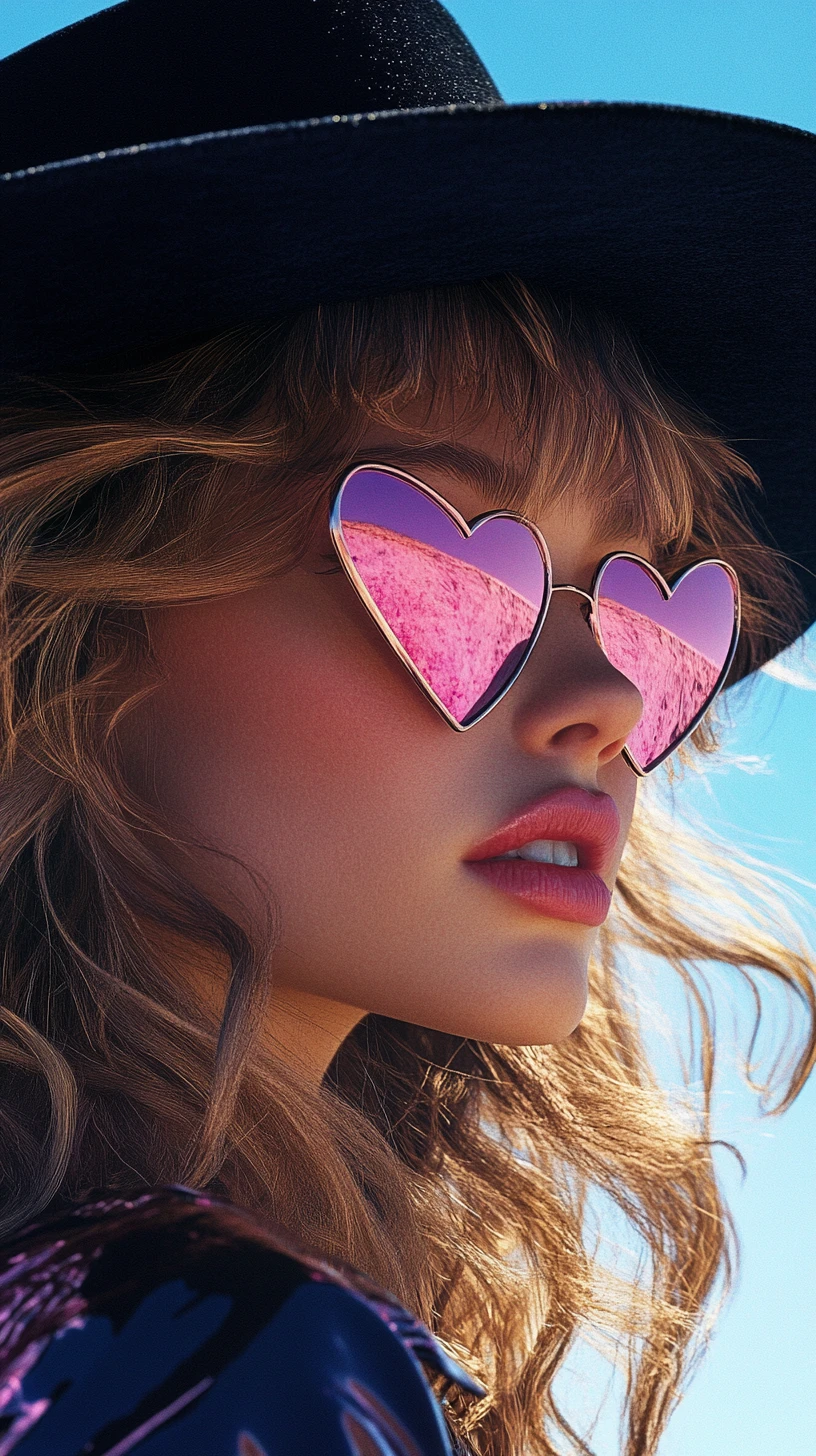 Elegante donna bionda di profilo con occhiali da sole rosa a forma di cuore