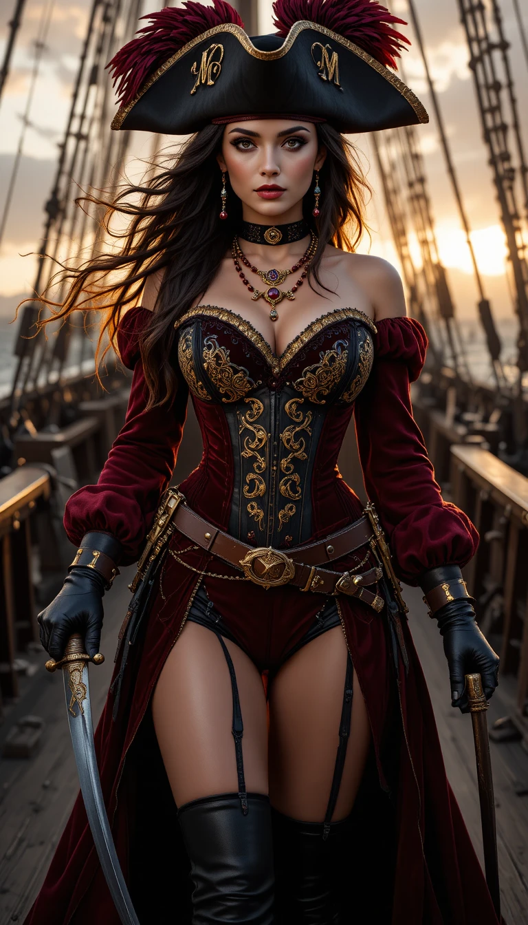 Capitana pirata sicura di sé sul ponte di un galeone al tramonto