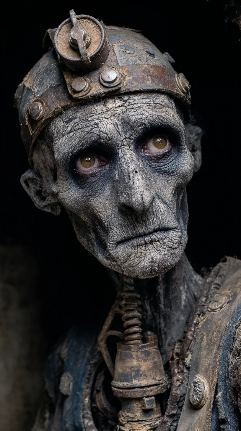 Retrato grotesco de humanoide necrótico com olhos âmbar brilhantes