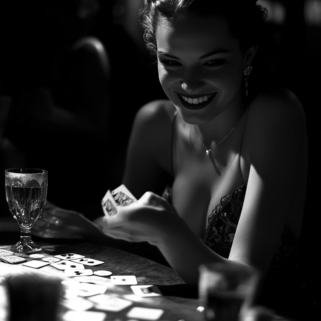 Gangster-Pokerspiel, bedient von einer geheimnisvoll lächelnden Frau