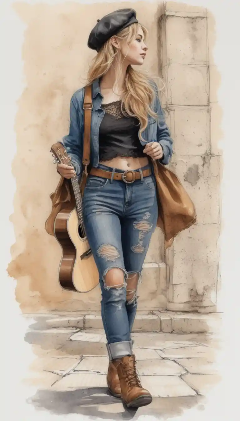 Giovane donna che cammina con chitarra e giacca oversize