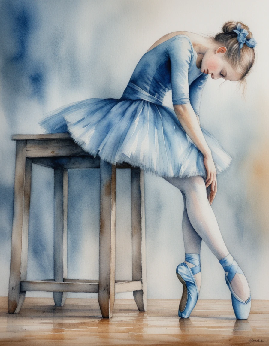Sitzende Ballerina im blauen Tutu auf rustikhem Holzschemel