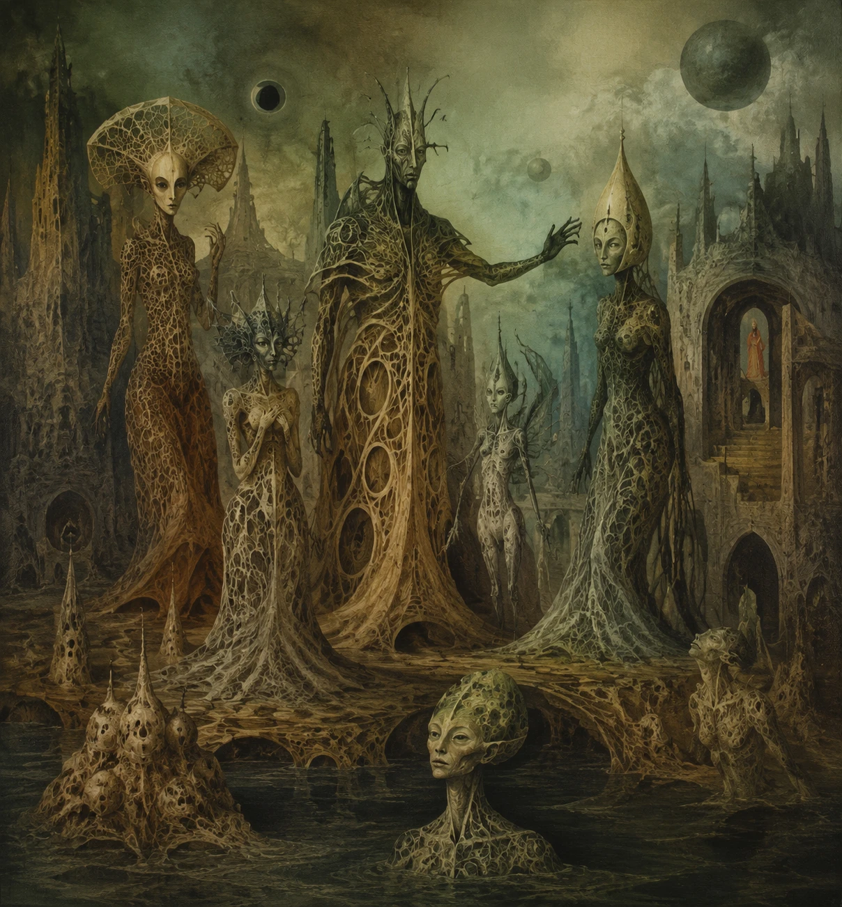 Surreal humanoid beings rising in a dreamlike landscape