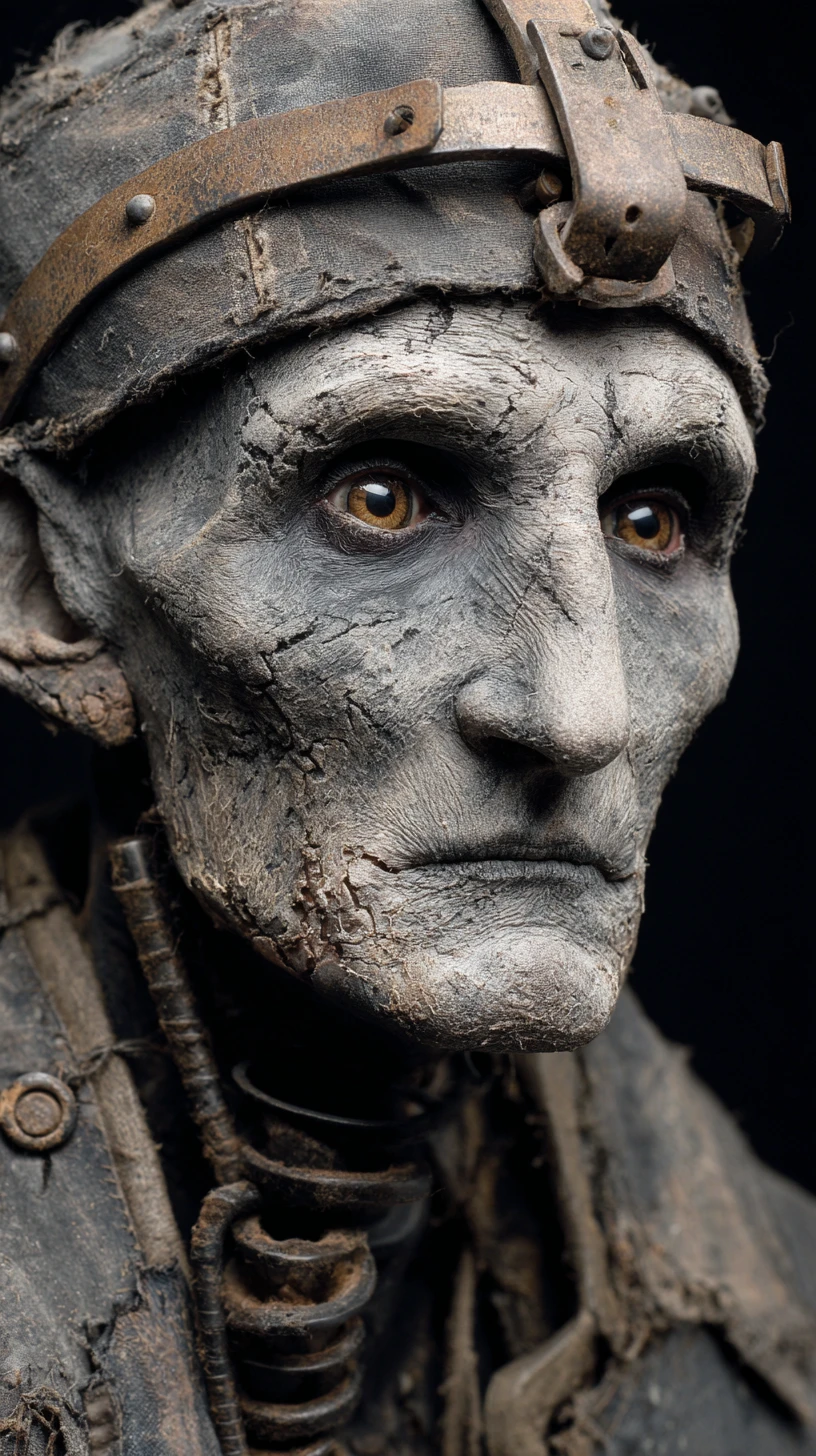Retrato grotesco de humanóide necrótico com olhos âmbar brilhantes