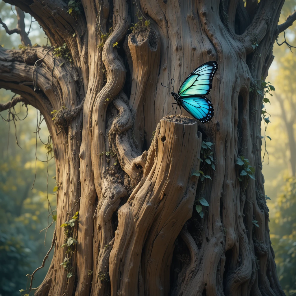 Papillon bleu et vert sur un arbre ancien au soleil