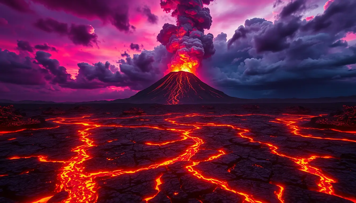 黃昏時分外星熔岩地景上的噴發火山
