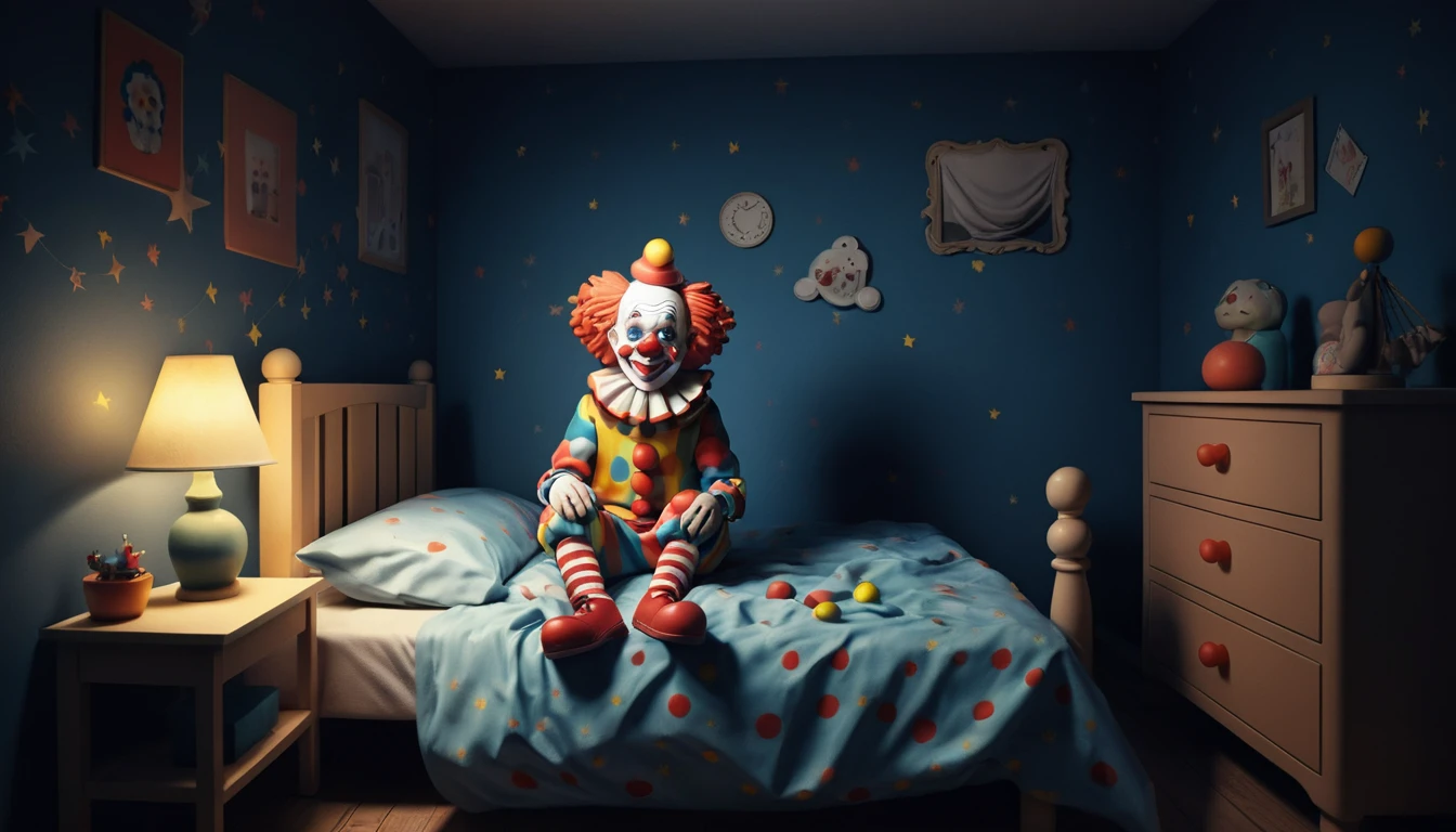 Ilustração infantil em massinha de criança assustada na cama com palhaço