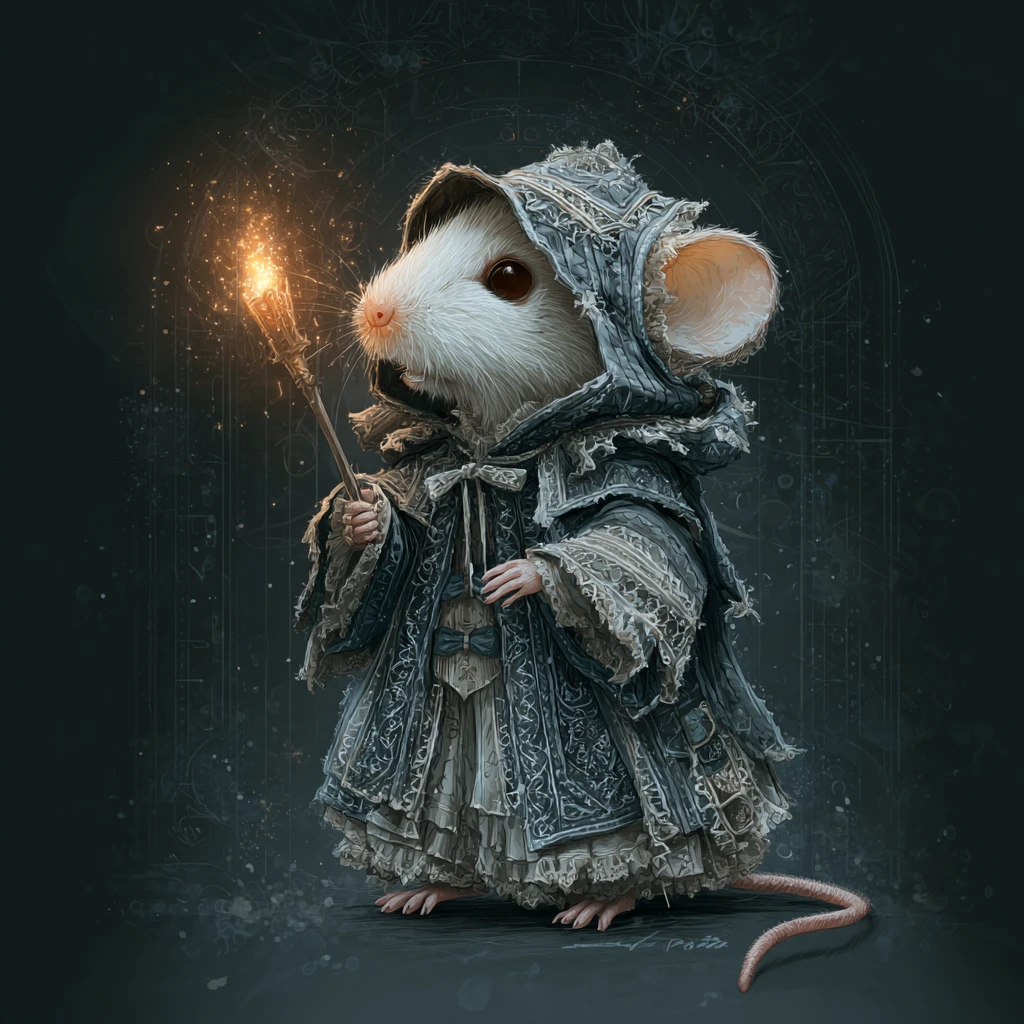 Pequeno rato encapuzado carregando uma tocha brilhante