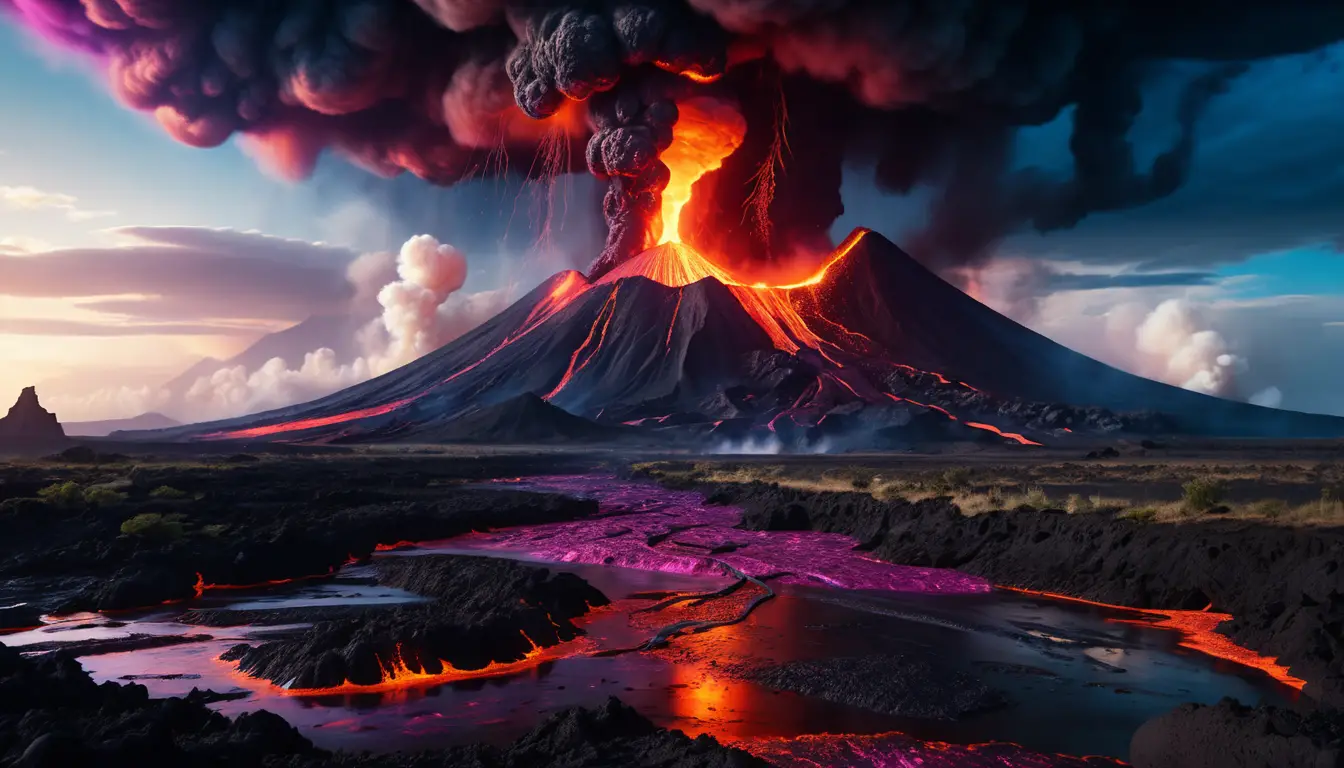 流淌著熾熱岩漿河流的異世界火山景觀
