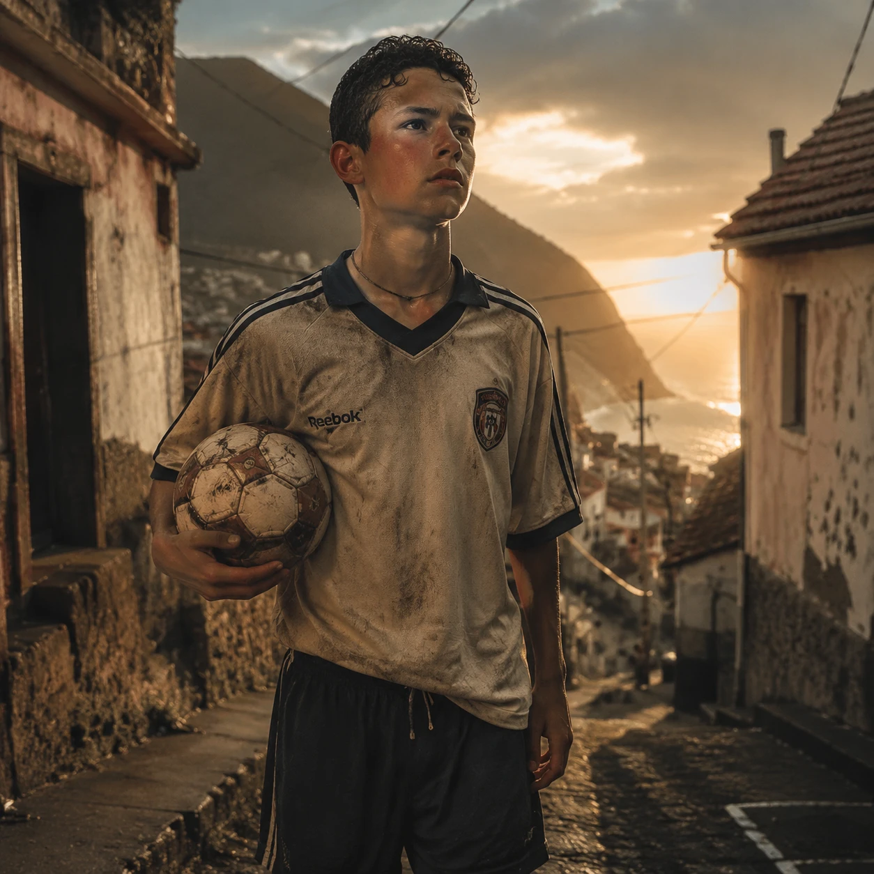 Menino com bola de futebol em rua estreita da Madeira ao pôr do sol