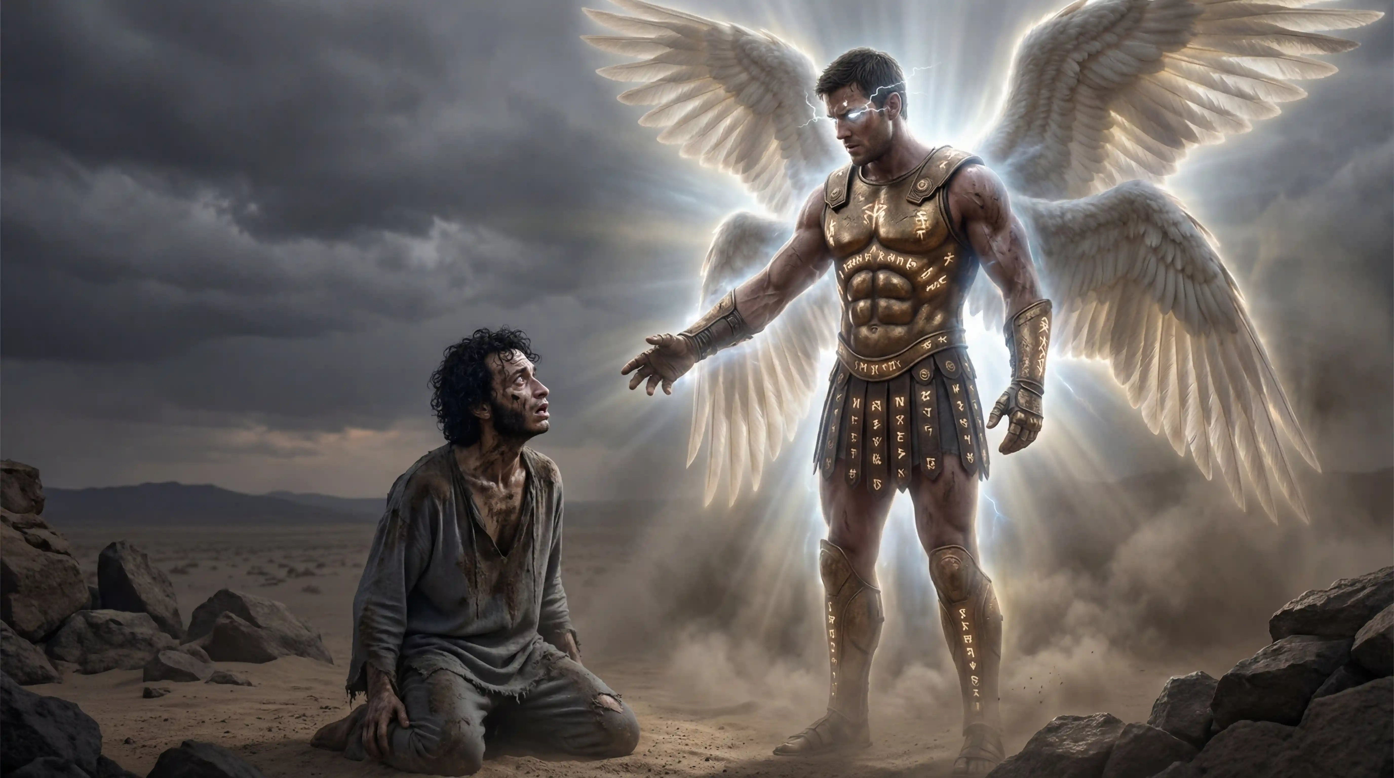 Seraphim stellt sich einem zitternden Mann in stürmischer Wüsten­dämmerung