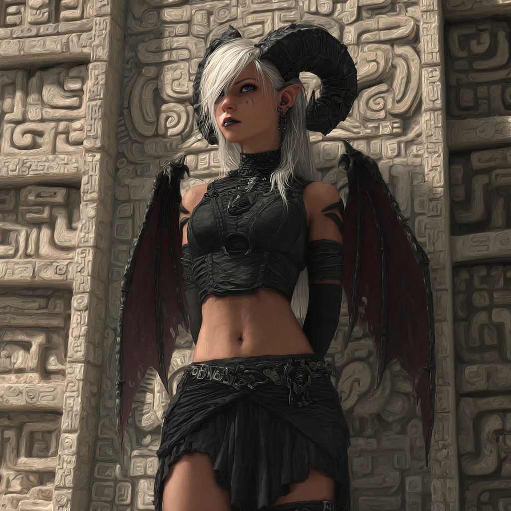 Femme tiefling gothique devant un ancien temple aztèque