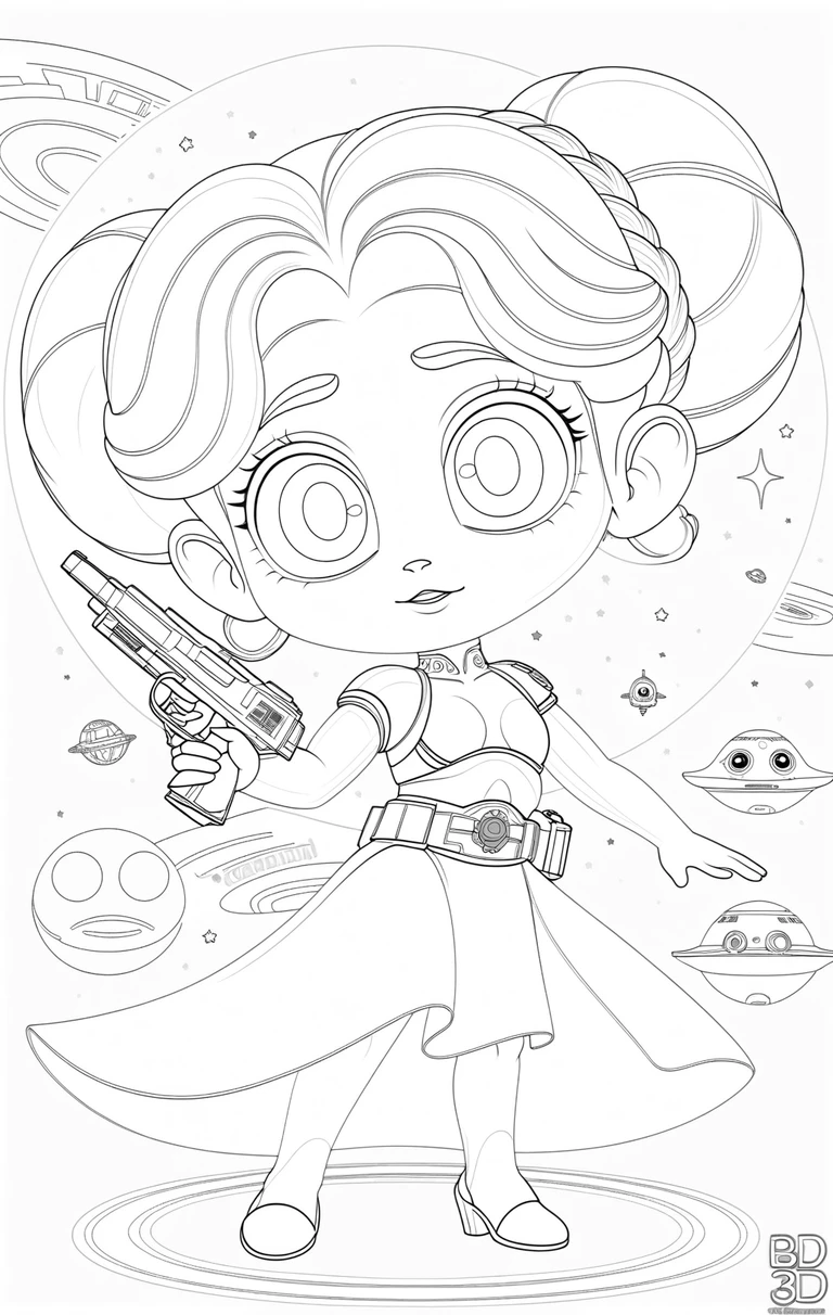 Adorable princesse chibi avec blaster dans l’espace étoilé