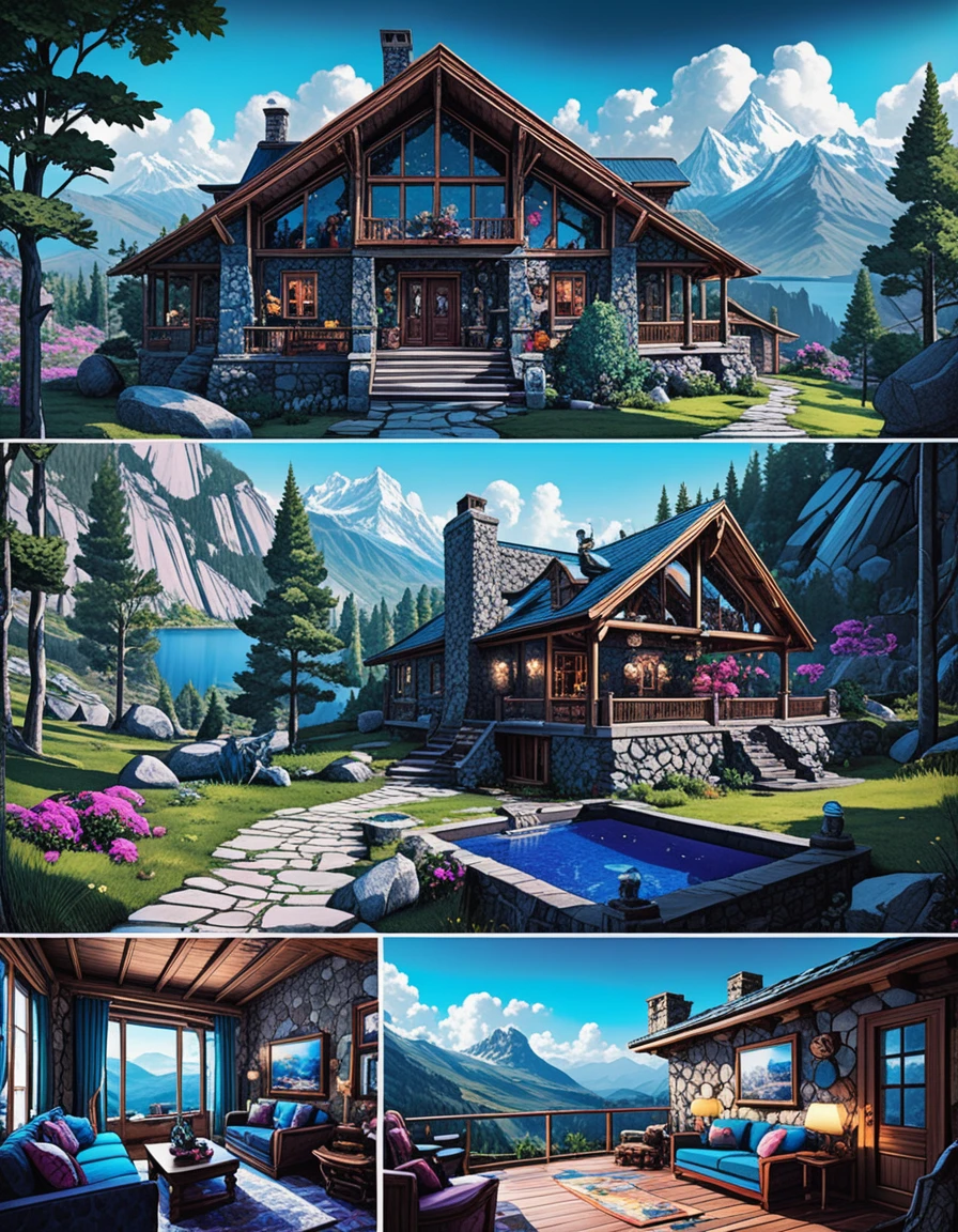Rustikale Steinhütte in einer stilisierten Berglandschaft