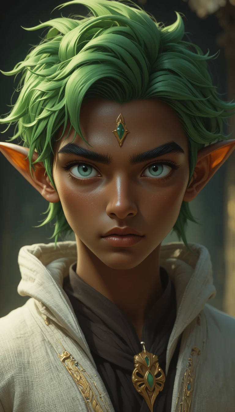Jovem fantasmagórico com cabelo verde-claro em um mundo de fantasia