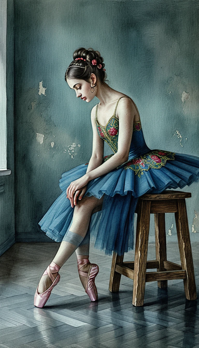 Nachdenkliche Ballerina auf einem rustikalen Holzschemel