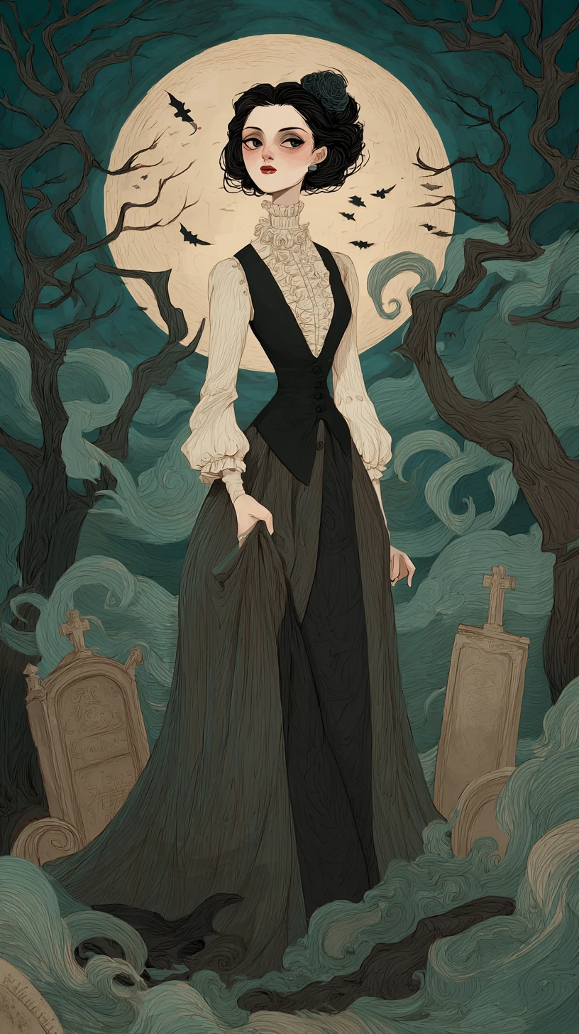 Donna gotica in cimitero al chiaro di luna con alberi contorti