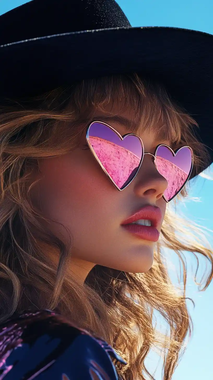Elegante donna bionda di profilo con occhiali da sole rosa a forma di cuore
