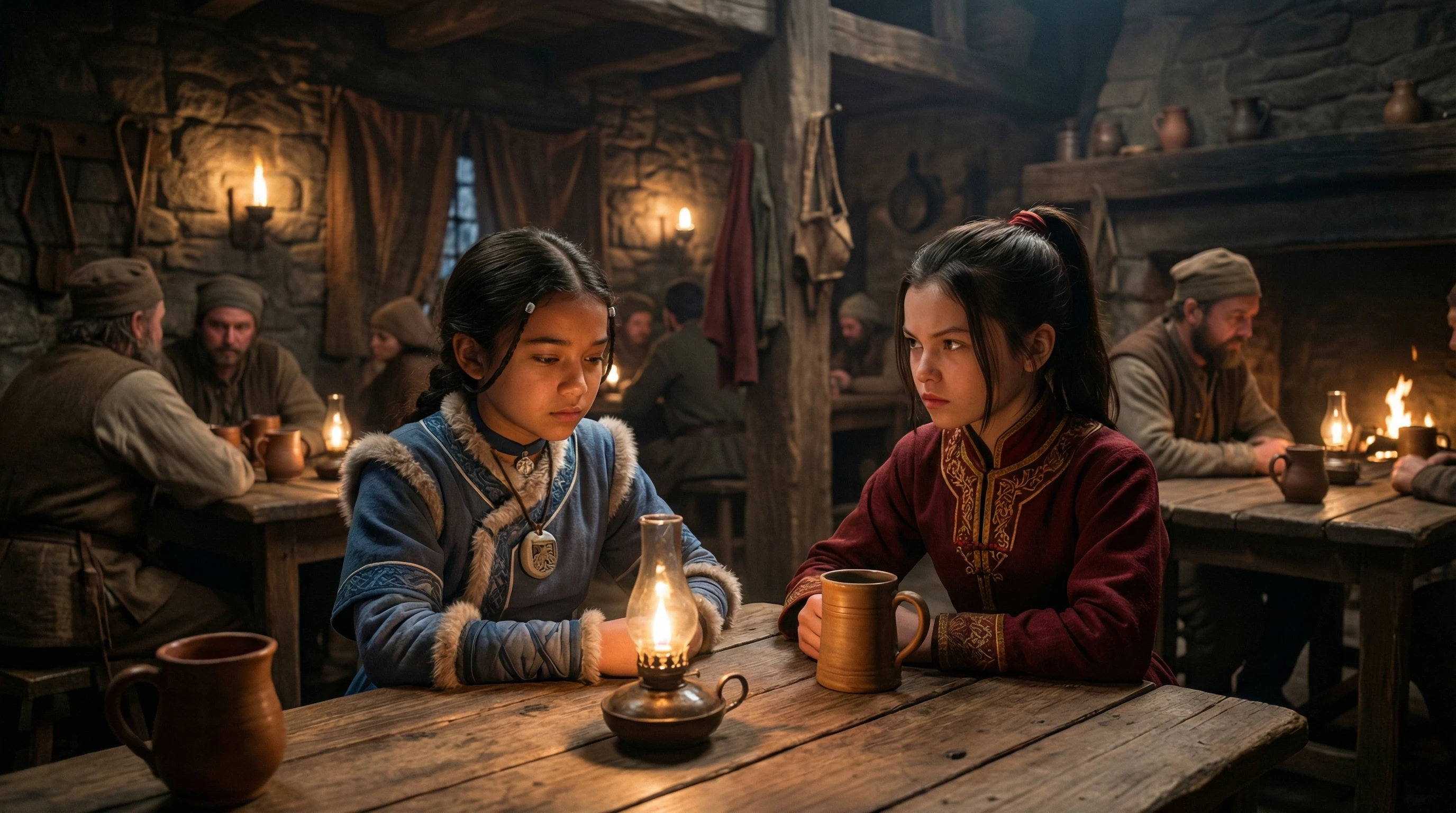 Filles fantastiques réalistes assises ensemble dans une taverne ancienne