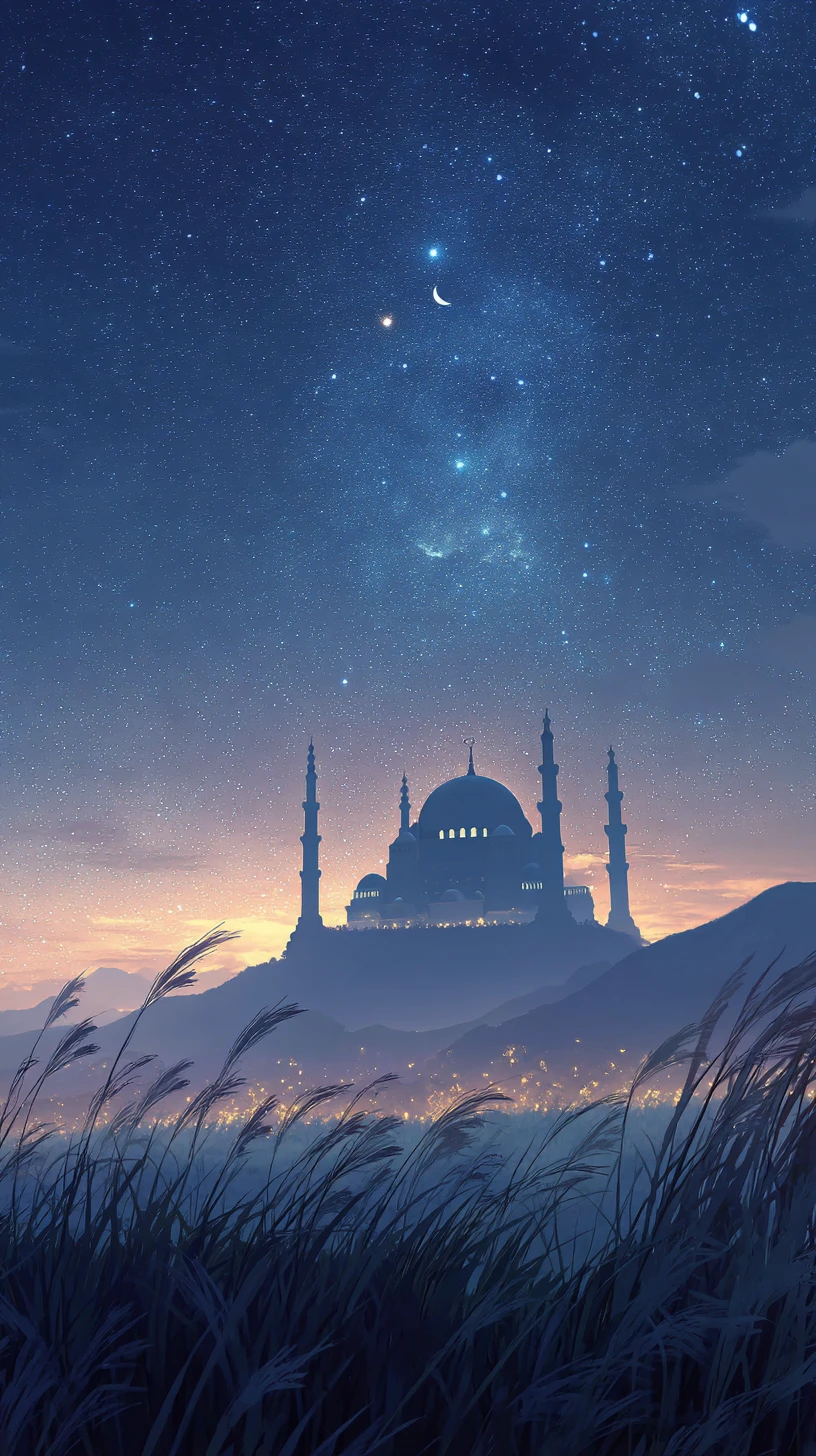 Mesquita ao luar sobre campos de trigo sob um céu estrelado