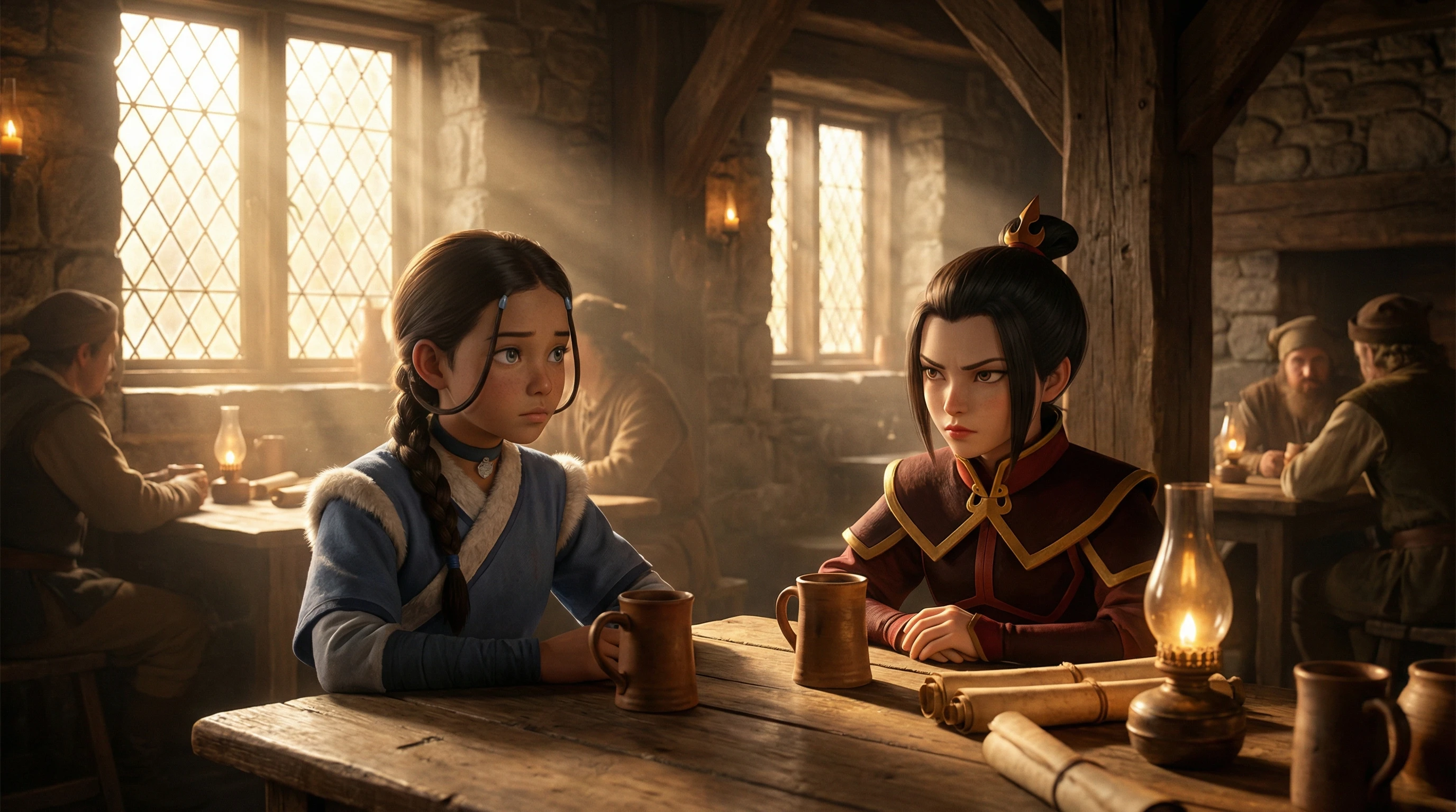 Filles d'anime dans une taverne ancienne avec de chaleureux rayons de lumière