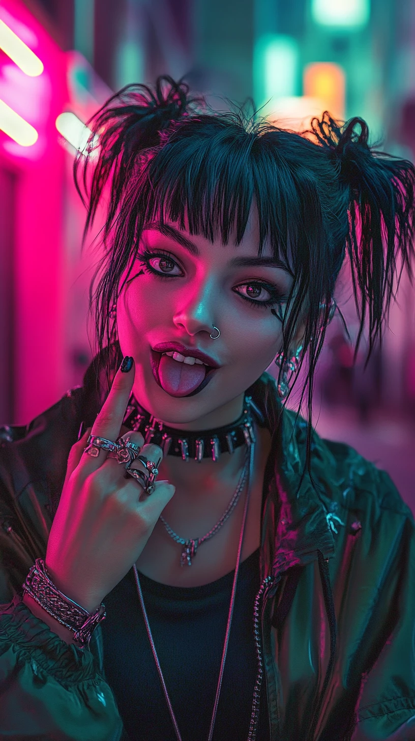 Mulher divertida com piercings em rua neon de cidade cyberpunk