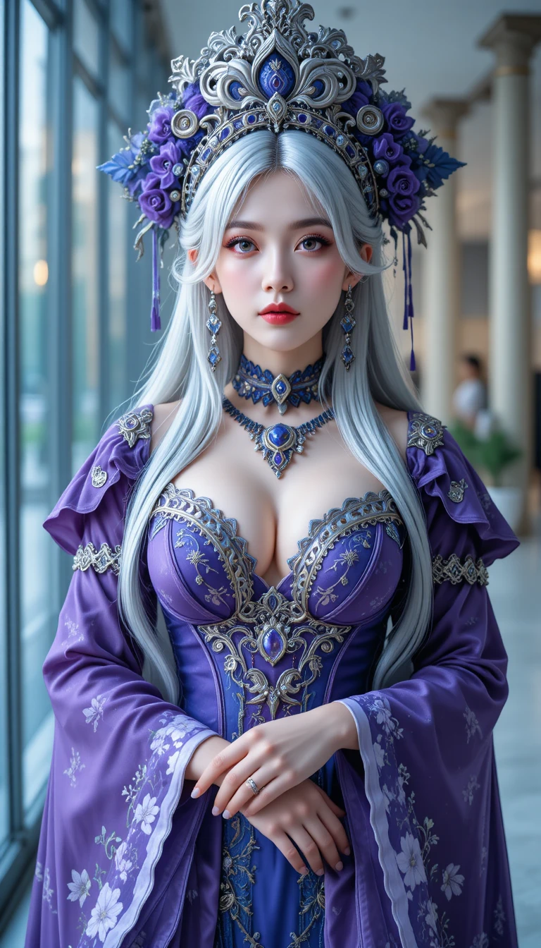화려한 보라색 판타지 의상을 입은 아시아 코스프레 여성