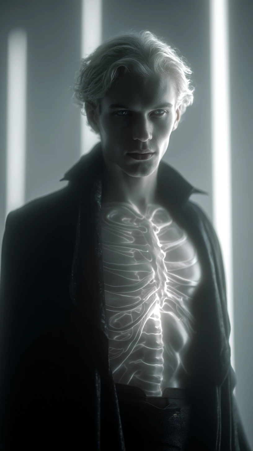 Homem com esqueleto brilhante no peito em retrato digital cinematográfico