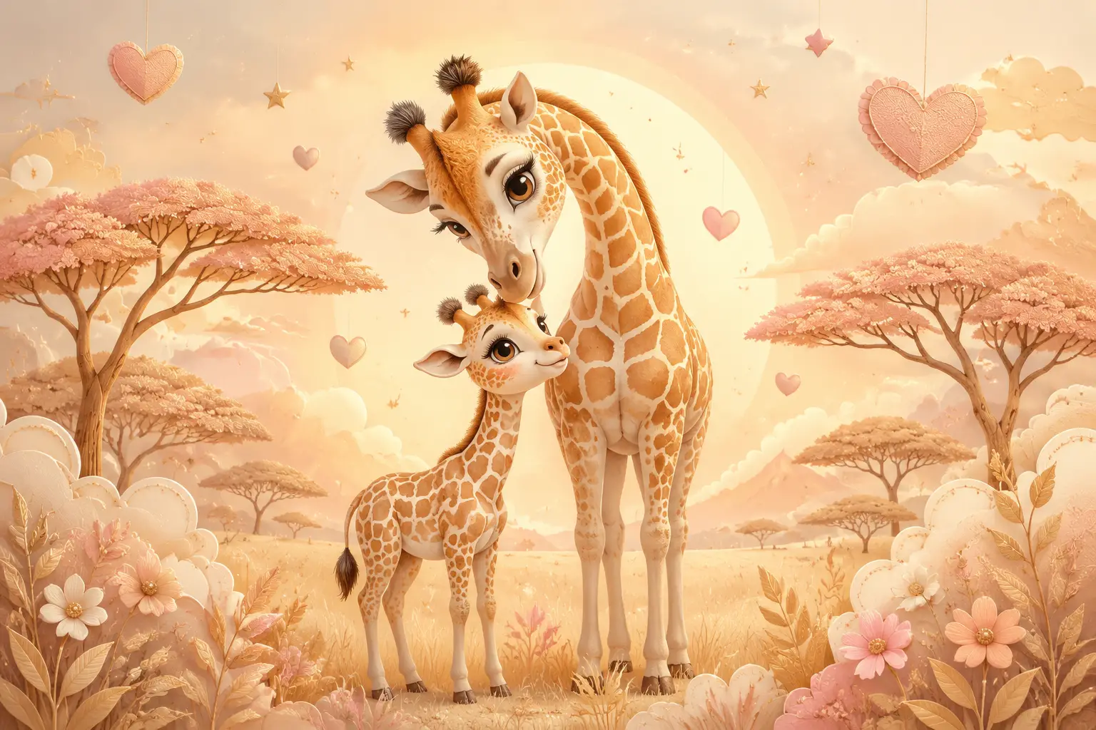 Ilustração fofa de filhote de girafa com a mãe na savana suave
