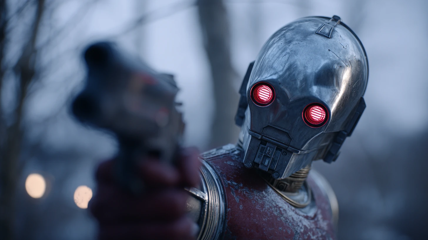 Realistische Sci-Fi-Kampfdroiden in einer filmischen futuristischen Szene