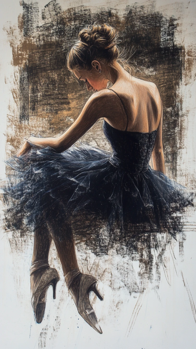 Ballerina in blue tutu sitting poised on wooden stool