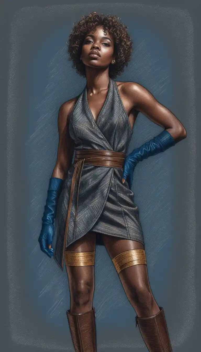 Ilustración de joven mujer segura de sí misma con vestido de cuero marrón