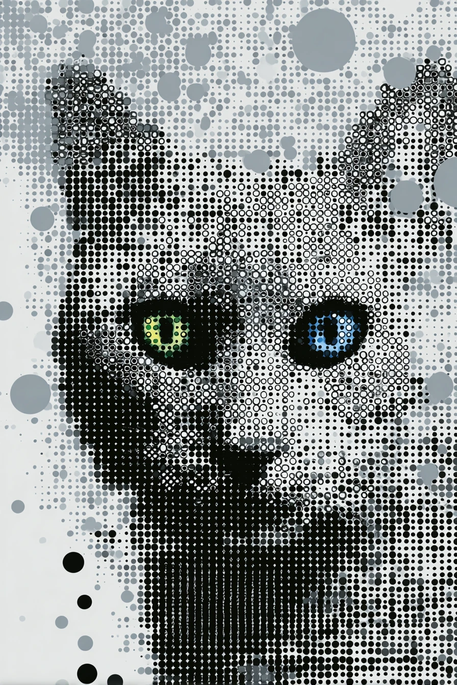 Retrato de gato en ilusión óptica hecho con rejilla de puntos negros