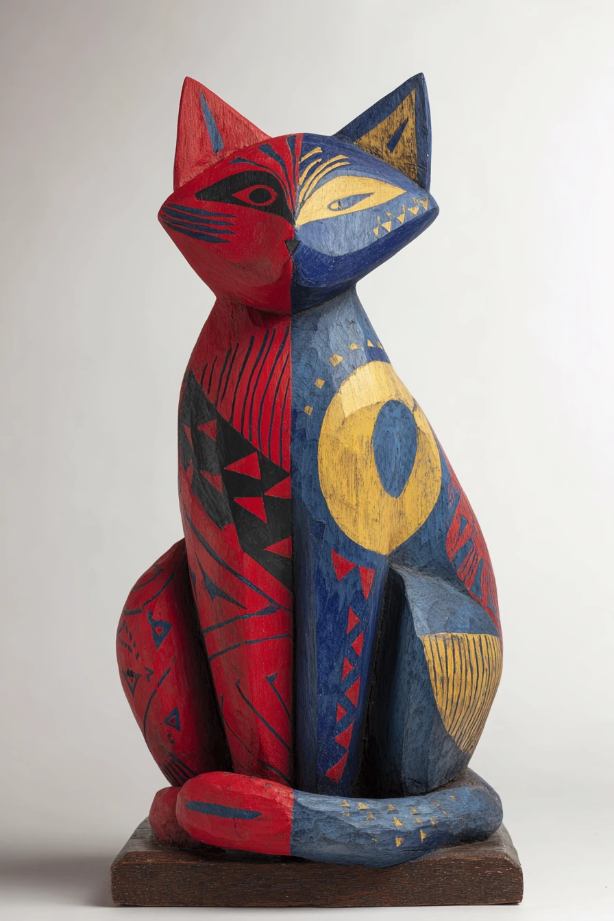 Escultura abstrata de gato em madeira com cores divididas e ousadas