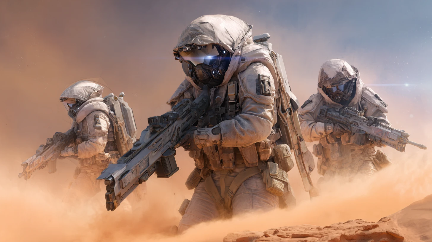 Gepanzerte Marines in Formation auf einem Sci‑Fi‑Schlachtfeld