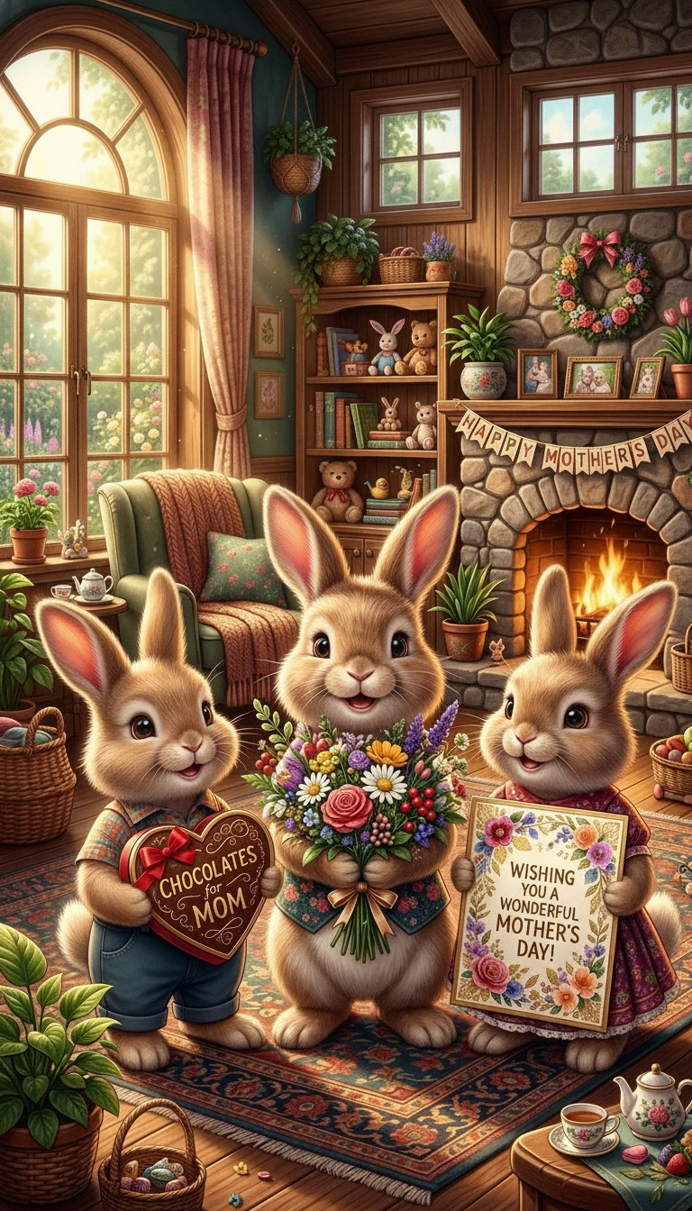 Adoráveis filhotes de coelho celebrando um colorido Dia das Mães