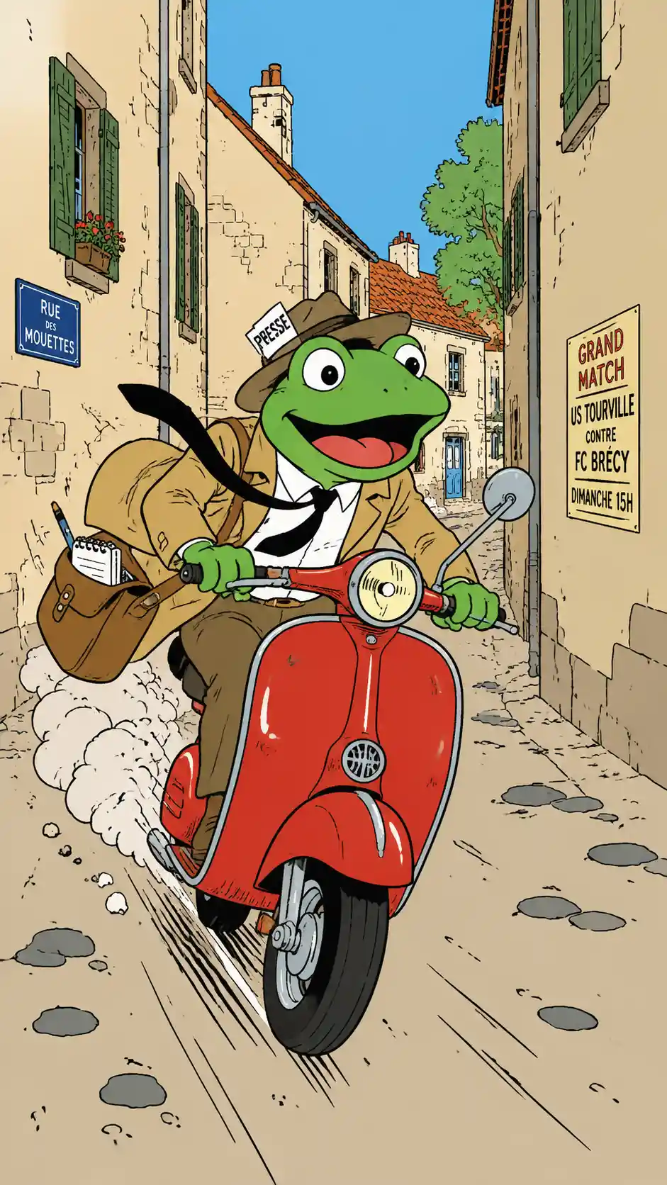 Cheerful frog reporter racing a scooter through village street
