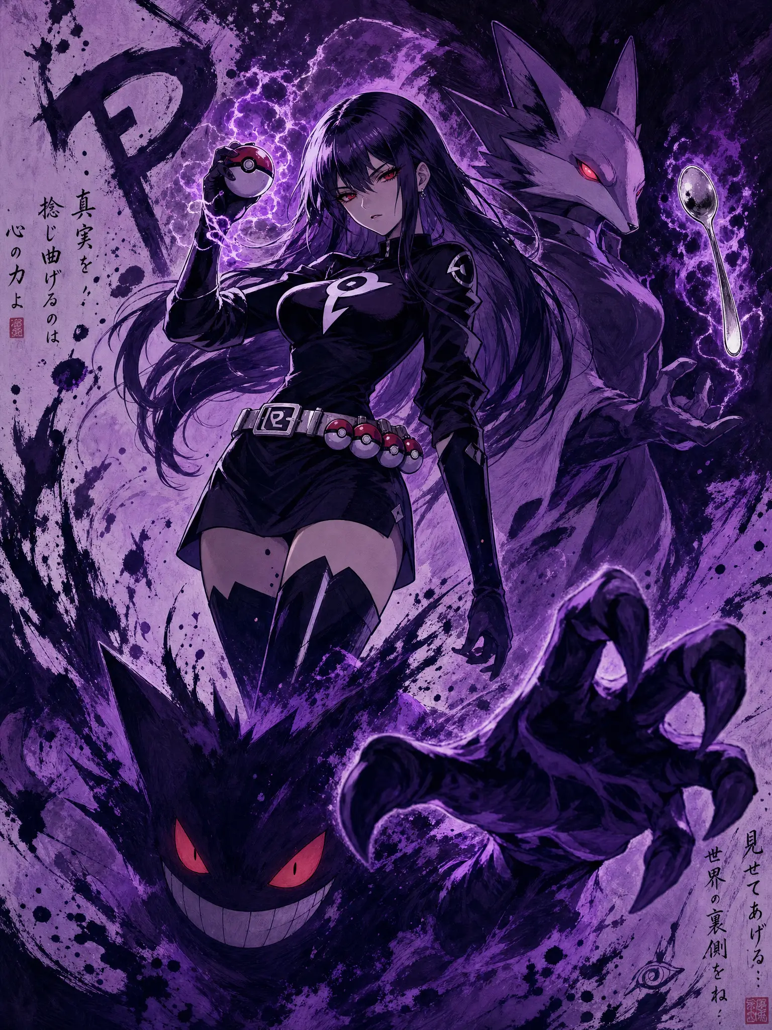 Hellseherische Anime-Frau mit geisterhaften Pokémon im Tintenchaos