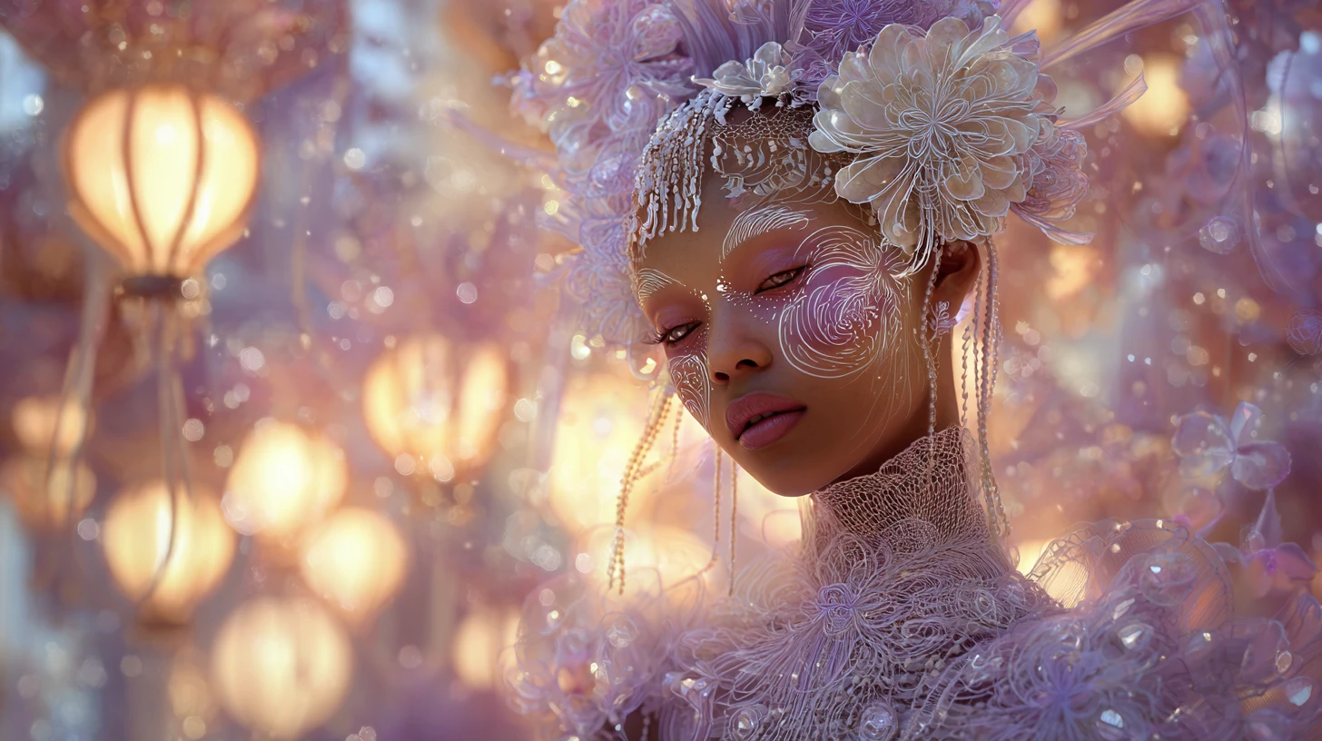 Princesa etérea etíope em uma cidade fantástica iluminada