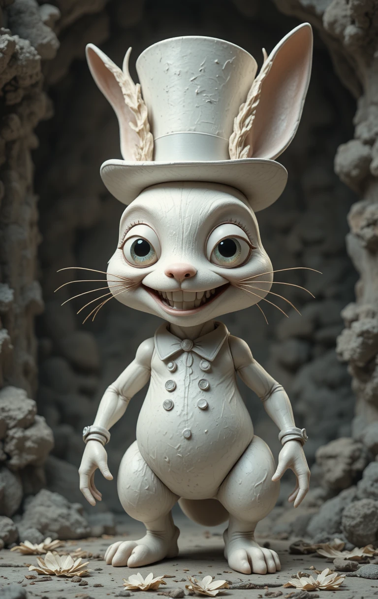 Coelho 3D branco com cartola e sorriso engraçado