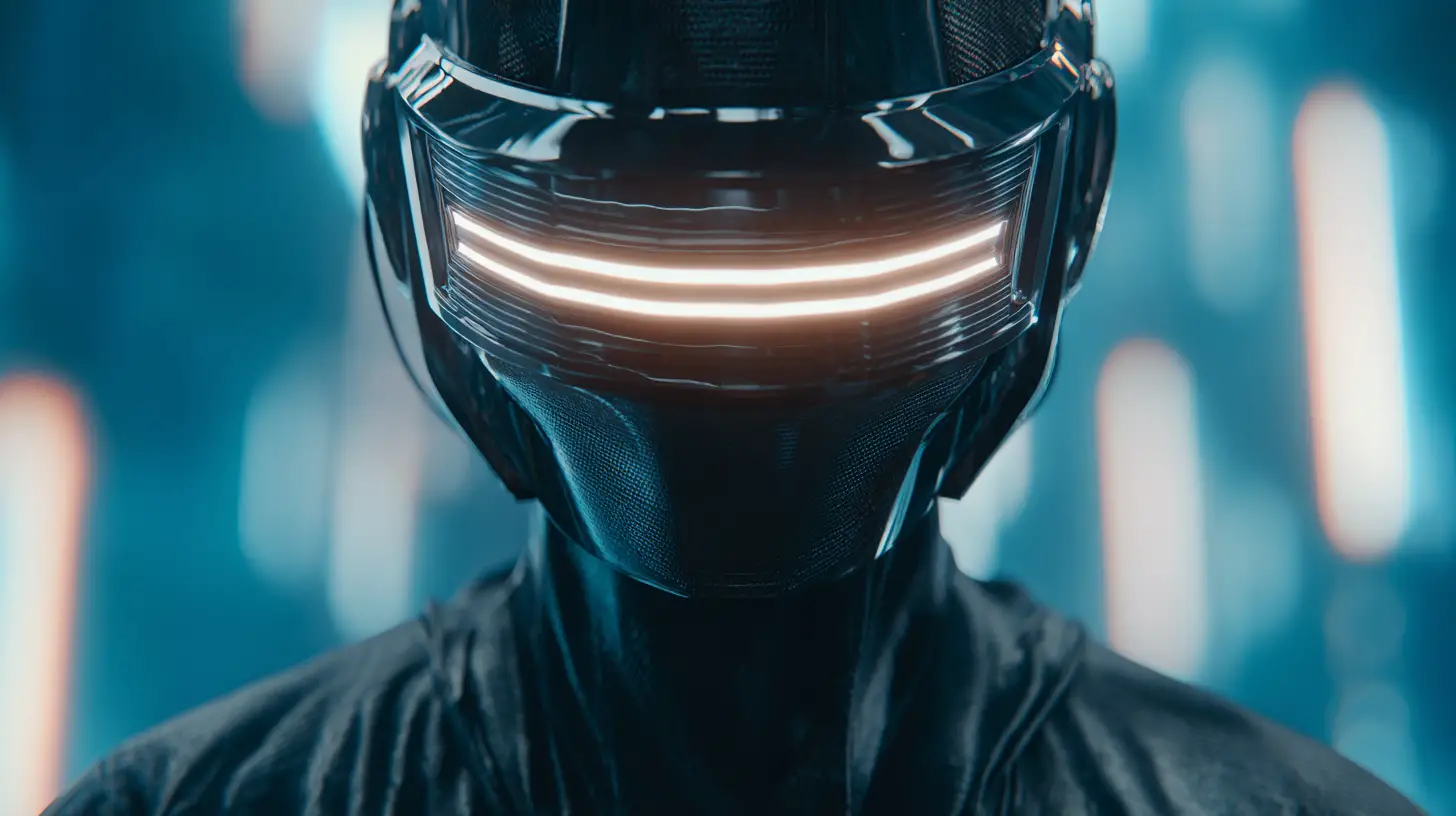 Uomo futuristico in armatura nera con visore del casco luminoso