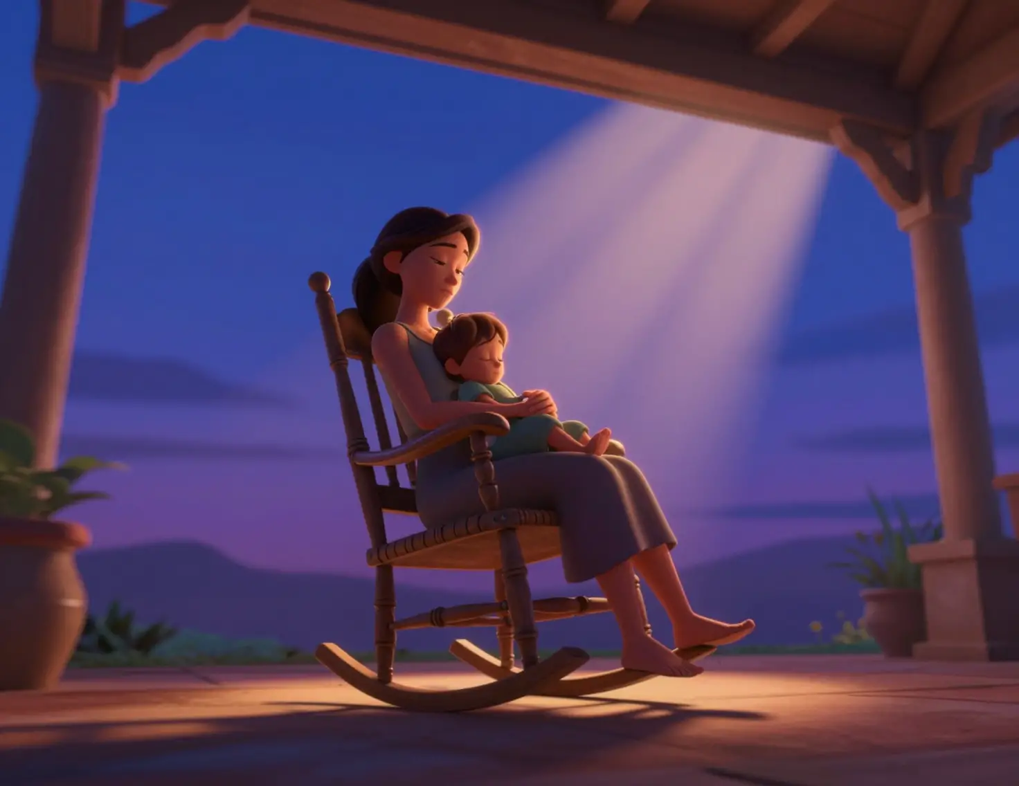 Madre sosteniendo a un niño dormido en una mecedora al atardecer