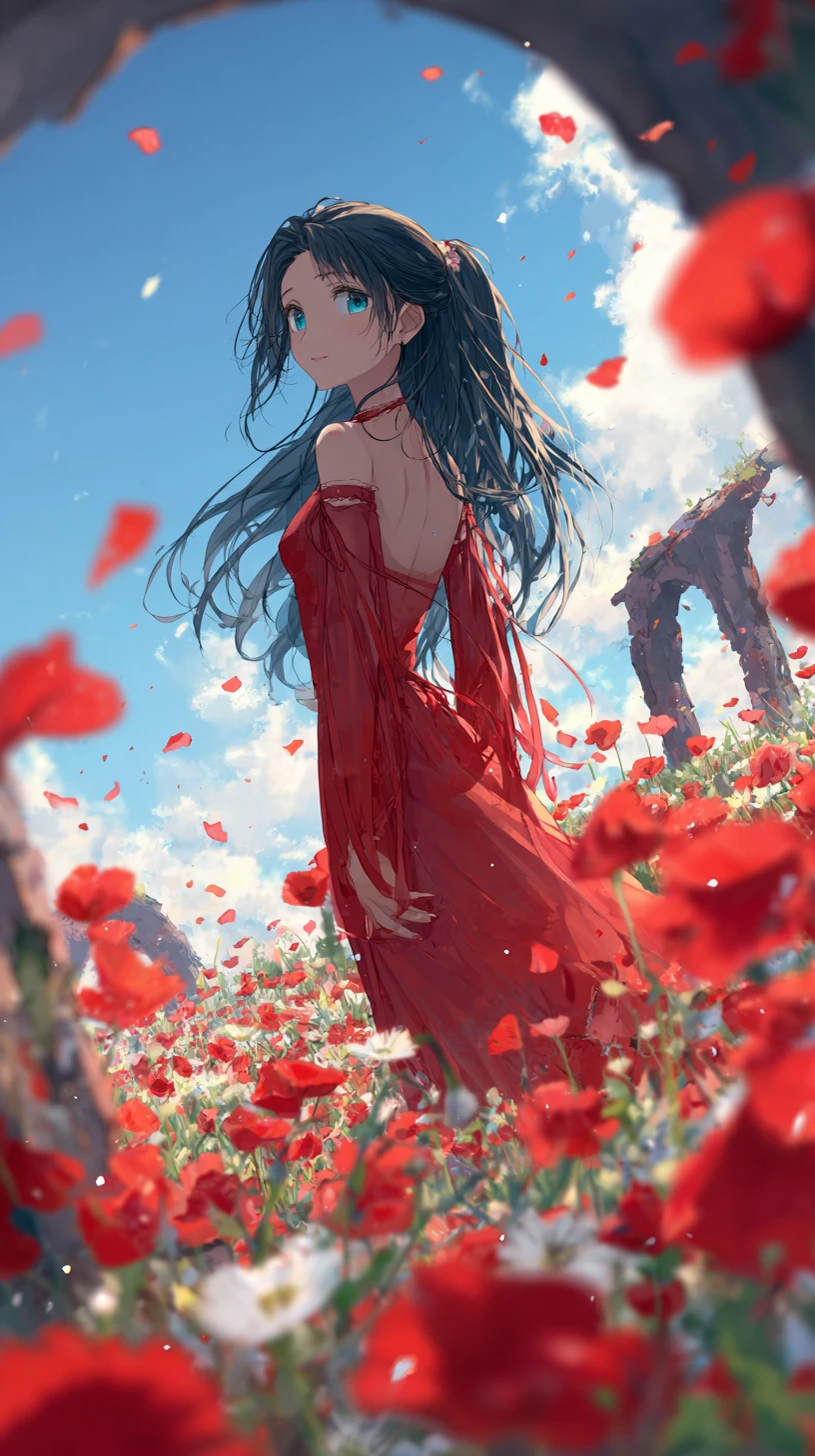 Femme d’anime en robe rouge dans un champ de coquelicots lumineux