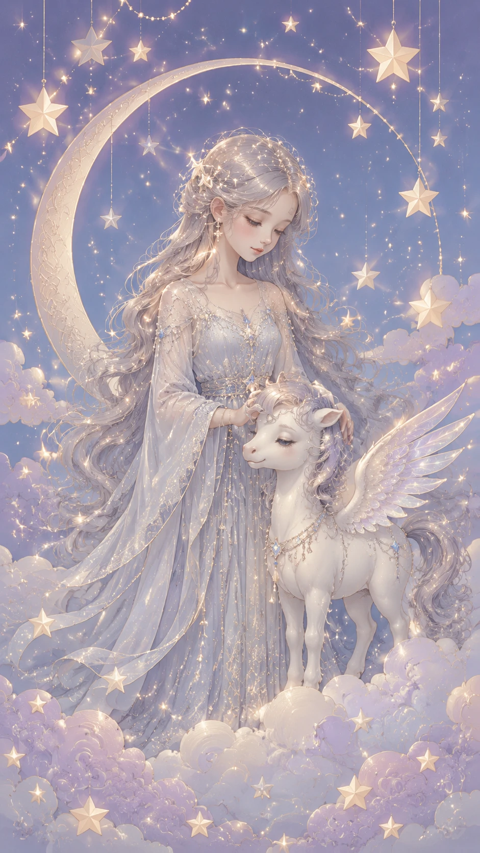 Douce jeune fille au clair d’étoiles avec bébé pégase parmi les nuages pastels