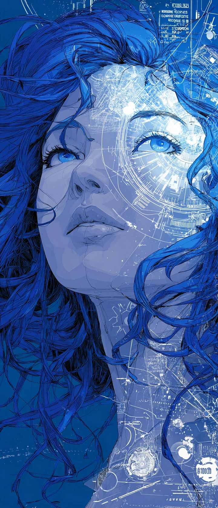 Anime girl portrait with surreal biomechanical double exposure