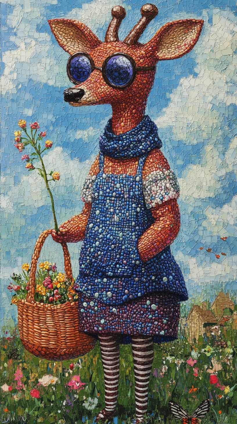 Cerf anthropomorphe en robe bleue souriant dans une prairie ensoleillée