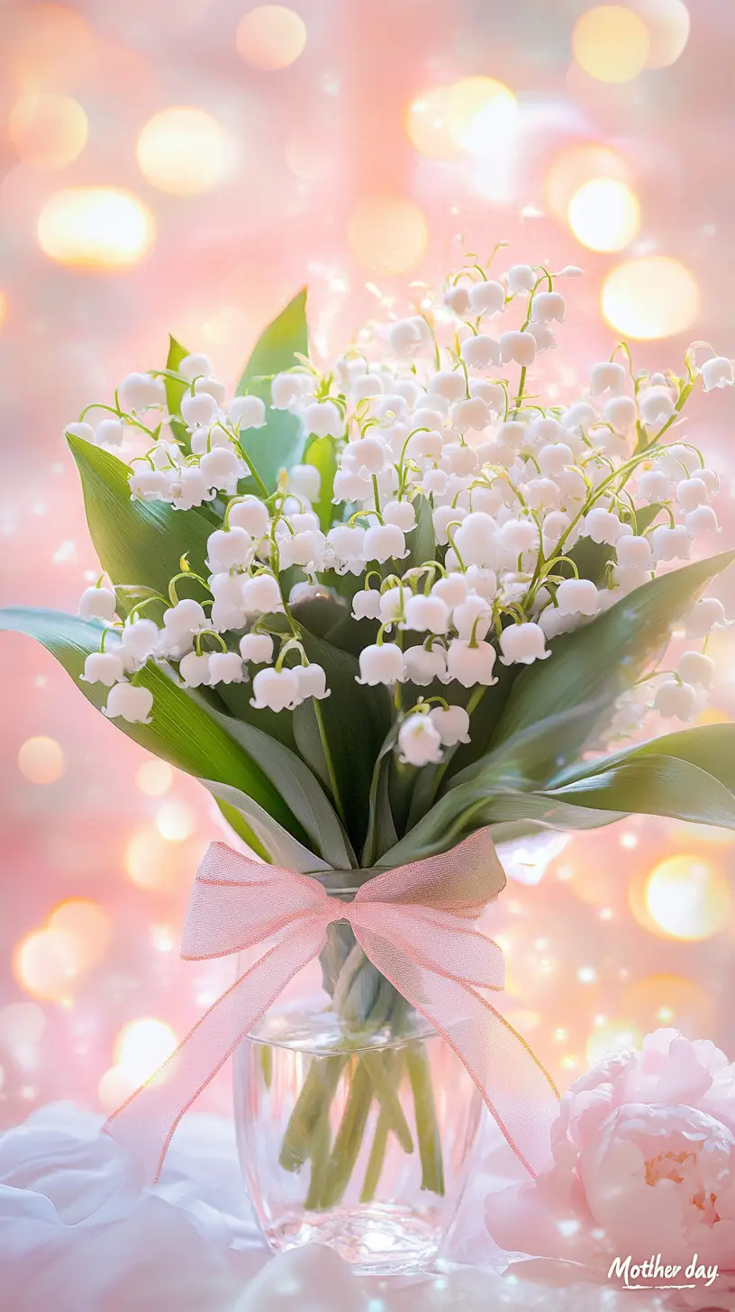 Delicate lily bouquet in glass with pink ribbon