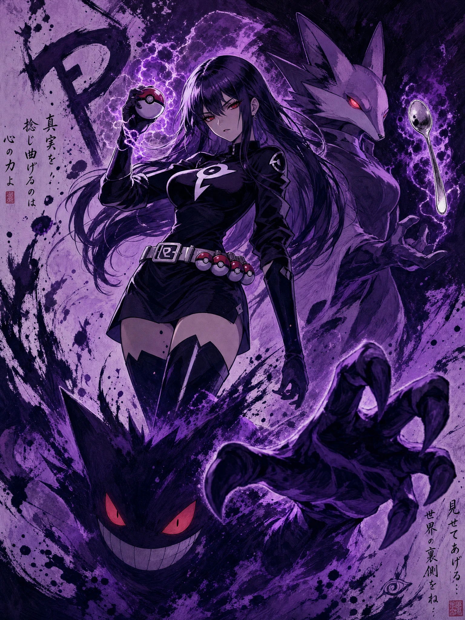 Mulher psíquica de anime com Pokémon fantasmagórico em caos de tinta