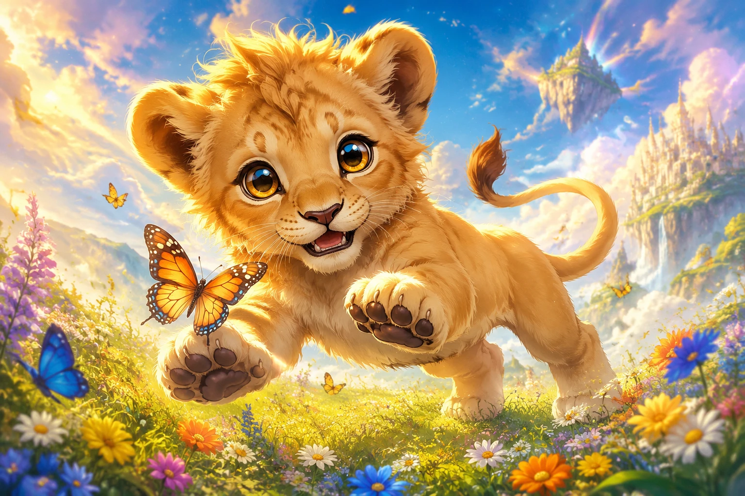 Süßes Löwenbaby, das mit einem Schmetterling spielt